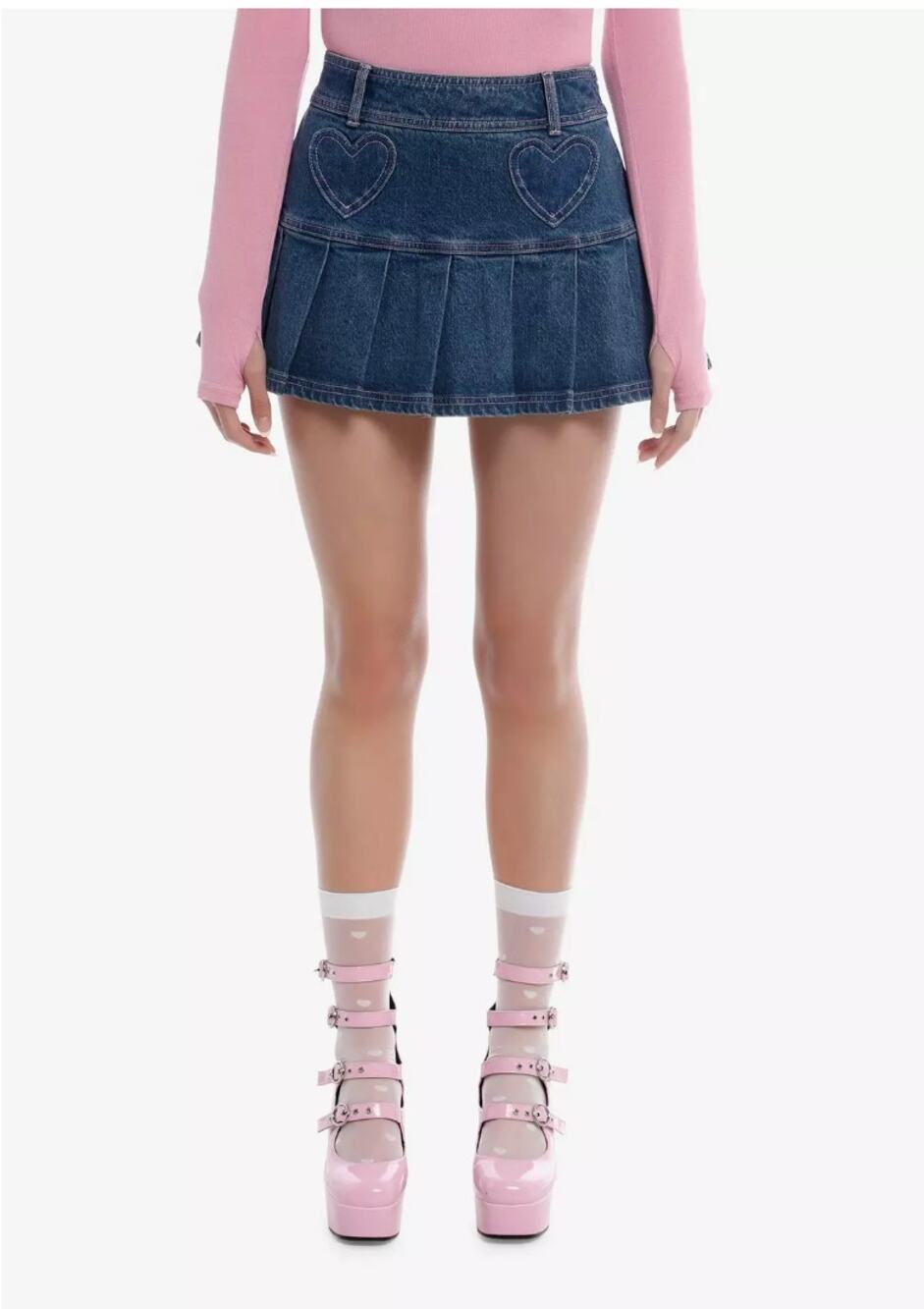 Sweet Society Denim Heart Pocket Pleated Mini Skirt Y2K Blue Size Large